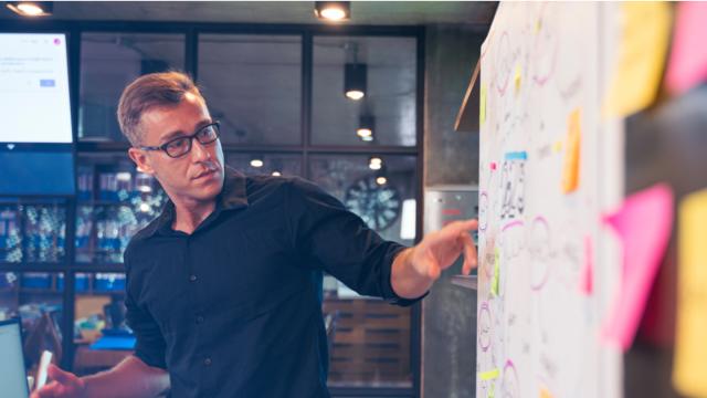 Person presenting marketing plan on marker board.